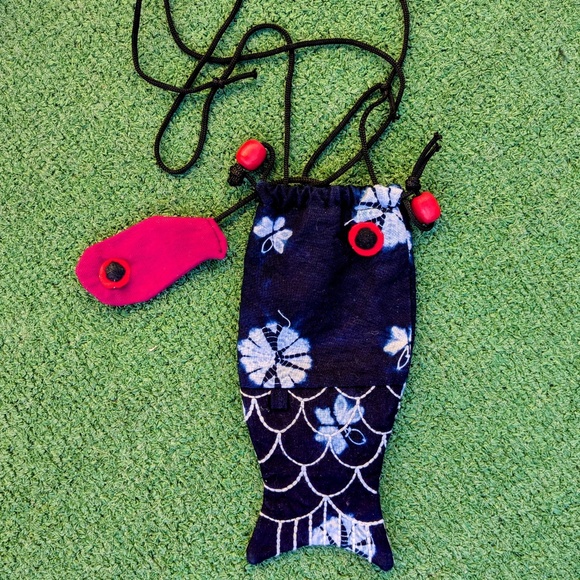 Japanese Vintage Handbags - Drawstring Tie-Dye Cotton AdjustableCrossbody Asian Coy Fish Purse/Small Bag GUC